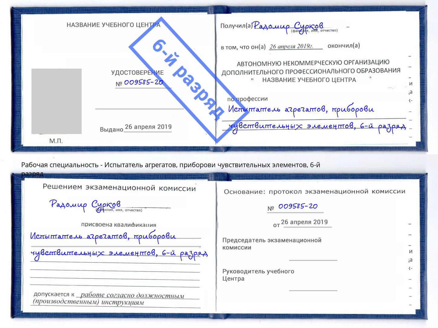 корочка 6-й разряд Испытатель агрегатов, приборови чувствительных элементов Дюртюли