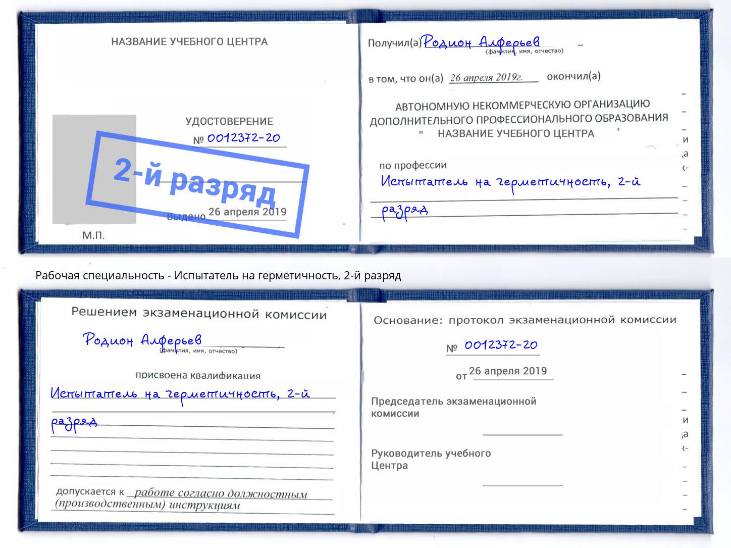 корочка 2-й разряд Испытатель на герметичность Дюртюли