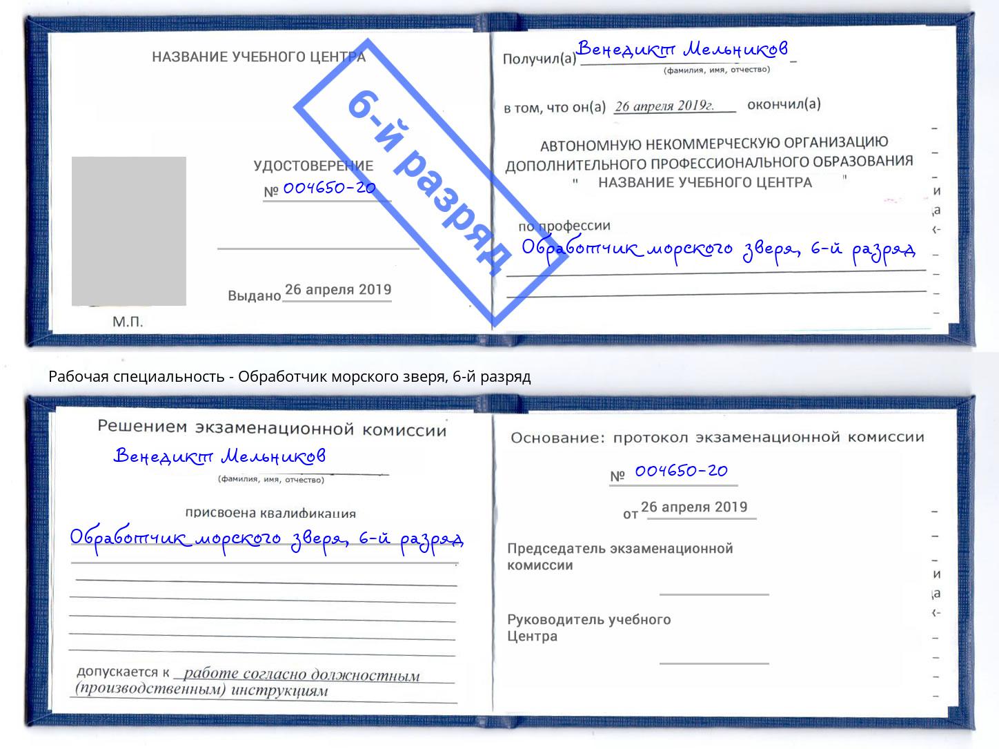 корочка 6-й разряд Обработчик морского зверя Дюртюли