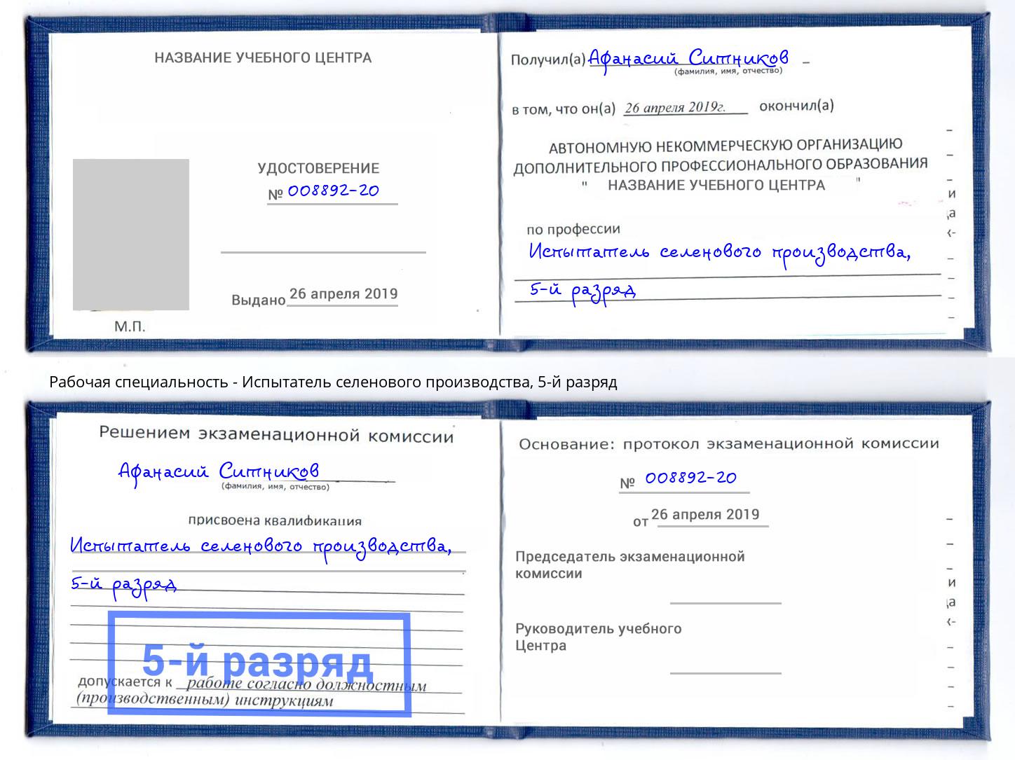 корочка 5-й разряд Испытатель селенового производства Дюртюли