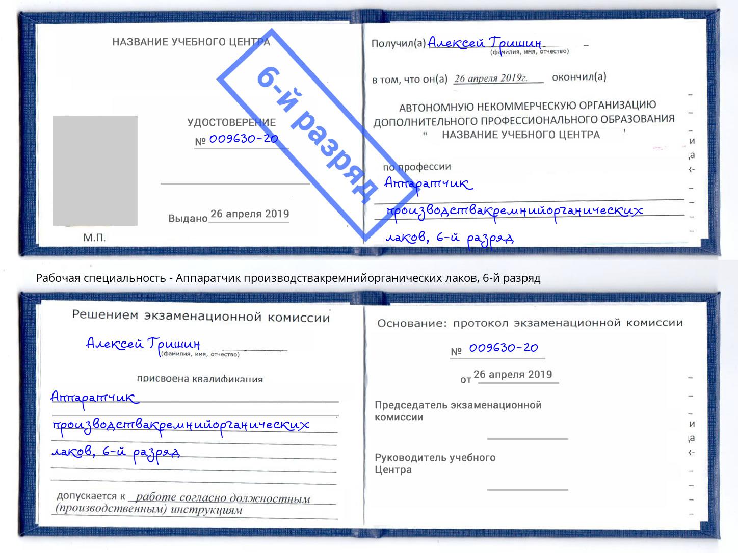 корочка 6-й разряд Аппаратчик производствакремнийорганических лаков Дюртюли