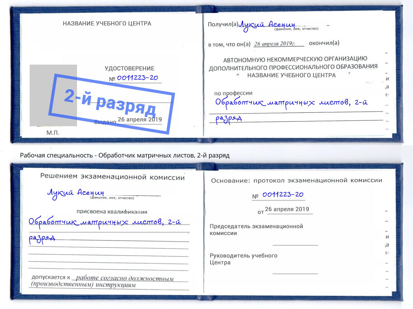 корочка 2-й разряд Обработчик матричных листов Дюртюли